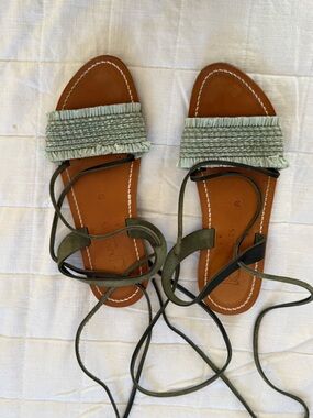 K.Jacques Light Green Braided Front-Strap Leather Wrap Sandals